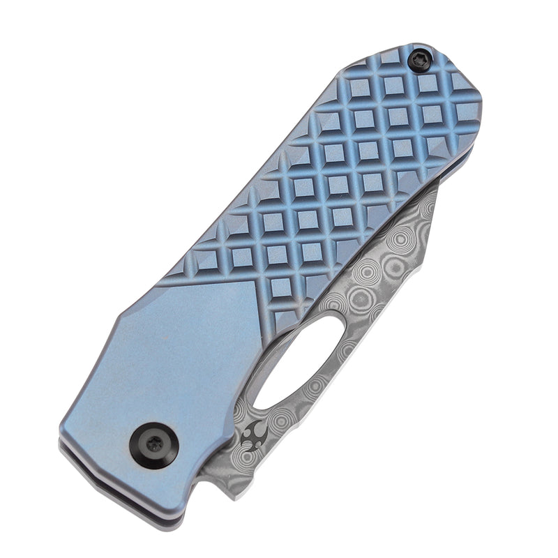KANSEPT Loki Thumb Hole Knife Blue Anodized Titanium with Frag Pattern Handle (2.99''Damascus Blade)Steven Dunnuck Design-K1058B7