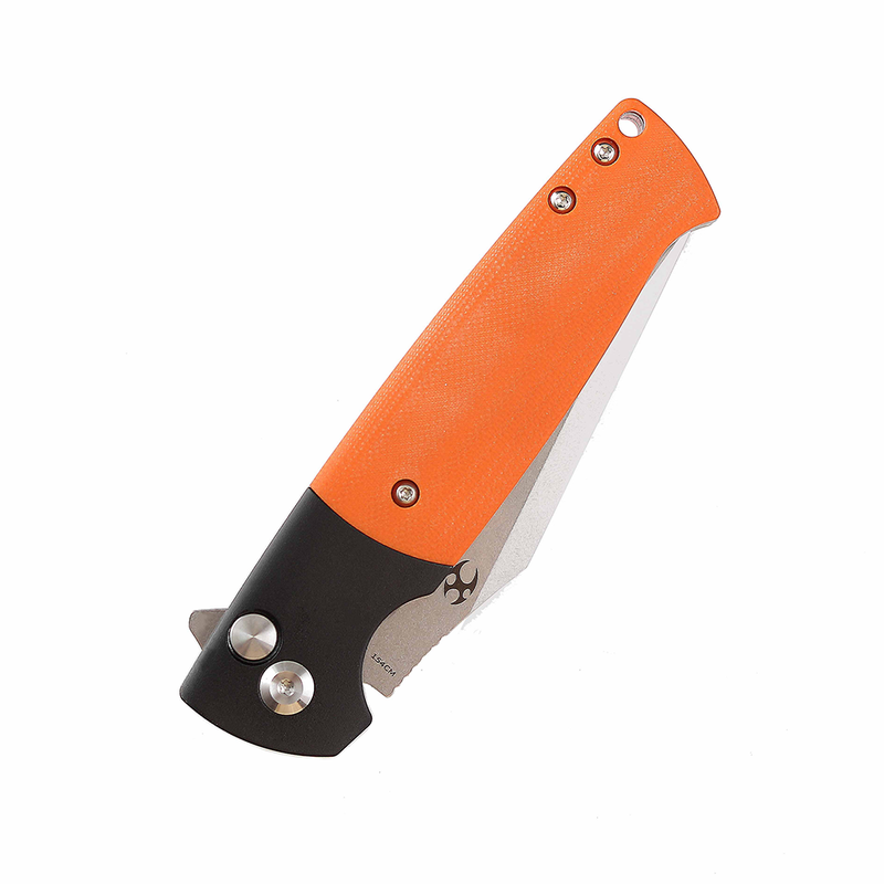 Shikari SBL  Button Lock T2027B2 Stonewashed 154CM Blade Black Aluminum + Orange G10 Handle with Morgan Koens Dessign