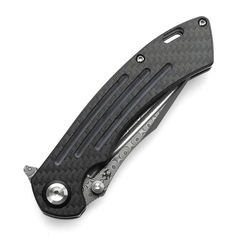 KANSEPT Pretatout Thumb Stub Flipper Carbon Fiber and G10 Handle (3.56“ Damascus Blade) with Kmaxrom Design-K1032D3