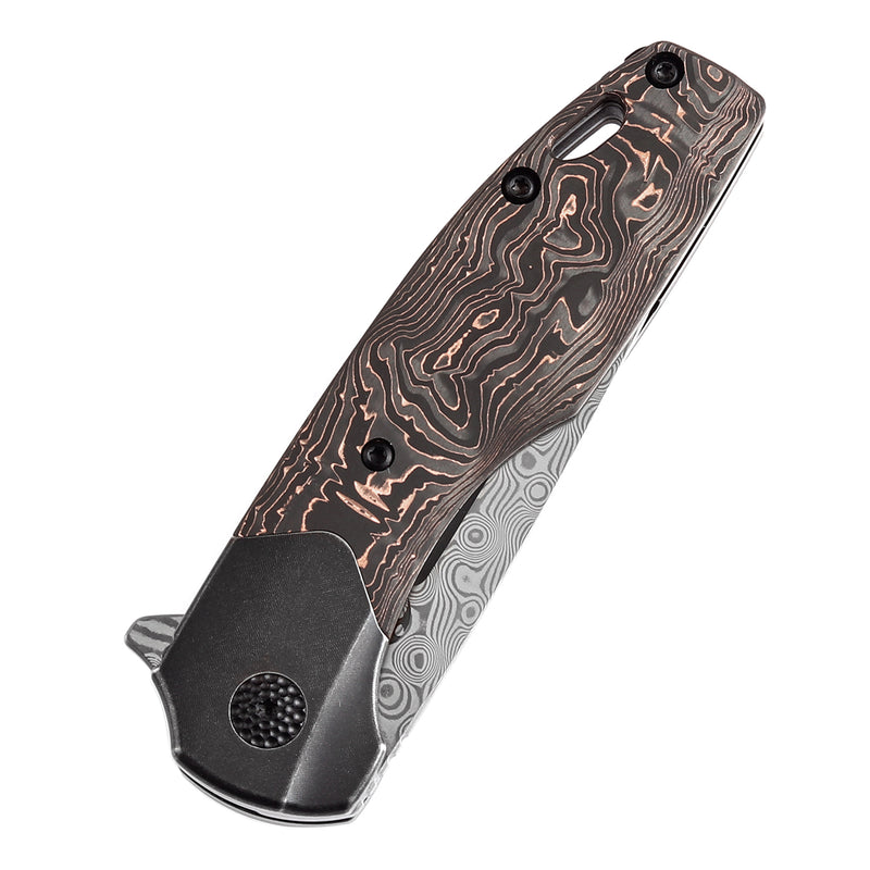 KANSEPT Cassowary Flipper Black Stonewashed Titanium and Copper Carbon Fiber Handle (2.9''Damascus Blade ) Koch Tools Design -K2065B5