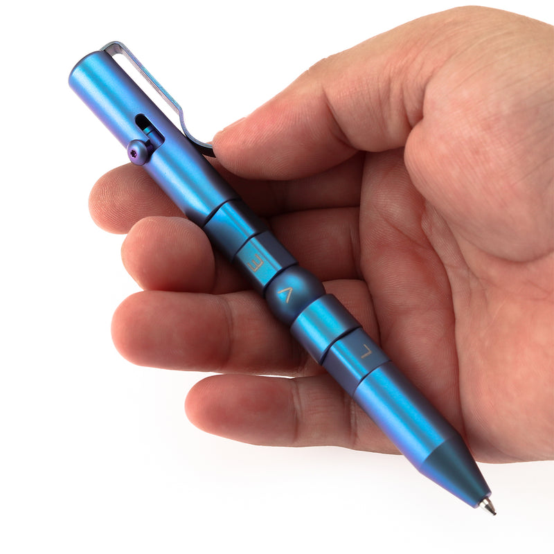 Kansept EDC Customizer Bolt Action Blue Anodized Titanium Pen with 'LOVE' Pattern Designed by Kevin Passon-G013P3