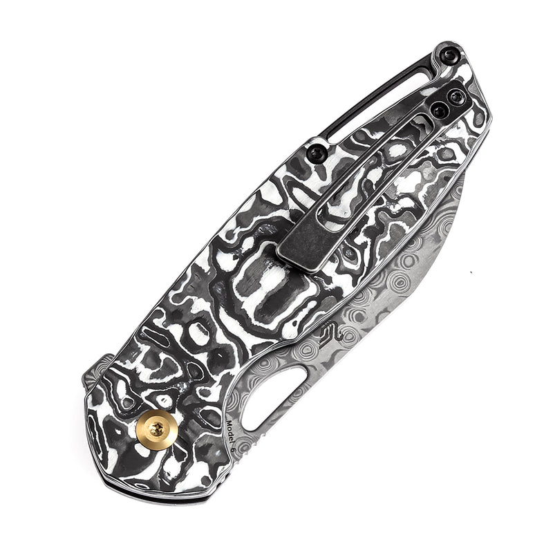 KANSEPT Model 6 Left-handed Flipper/Thumb Hole Knife Black White Carbon Fiber Handle (3.1'' Damascus Blade) -K1022L1
