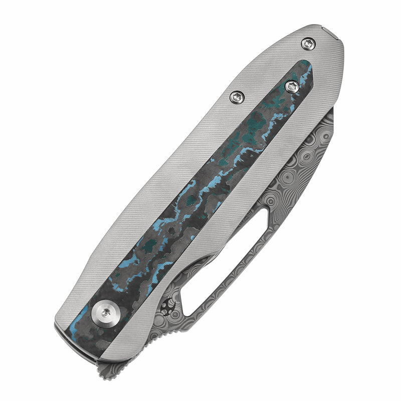 KANSEPT Thunderhead Thumb Hole Stonewashed Titanium with Artic Storm Carbon Fiber Handle (3.58" Damascus Blade) with K.C. Spiron Design-K1106A5