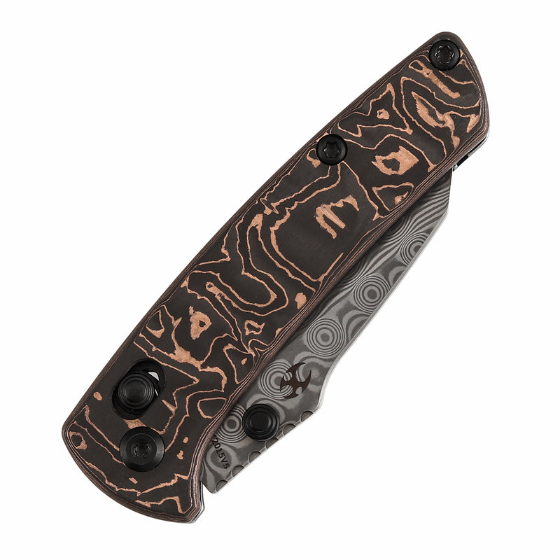 KANSEPT Little Main Street Cross Bar Lock Copper Carbon Fiber Handle (2.26'' Damascus Blade) Dirk Pinkerton Design-K2015V5