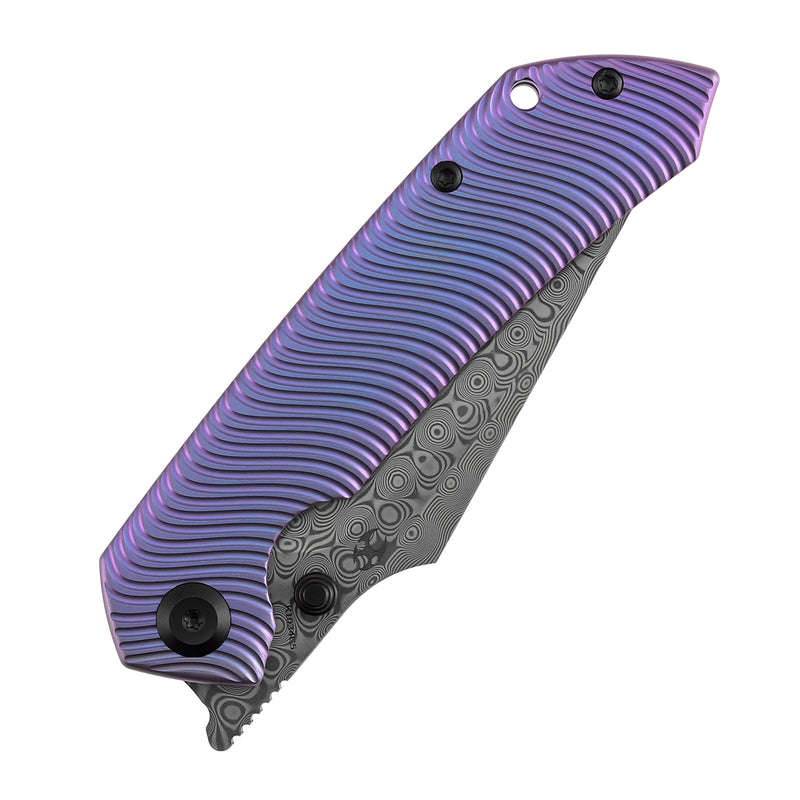 【Preorder】Ship by Dec.20th-KANSEPT Fenrir Frame Lock Purple Anodized Titanium with Micro Milled Water Ripple Texture Handle (3.48'' Damascus Blade) Sparrow Knife Designed- K1034C5