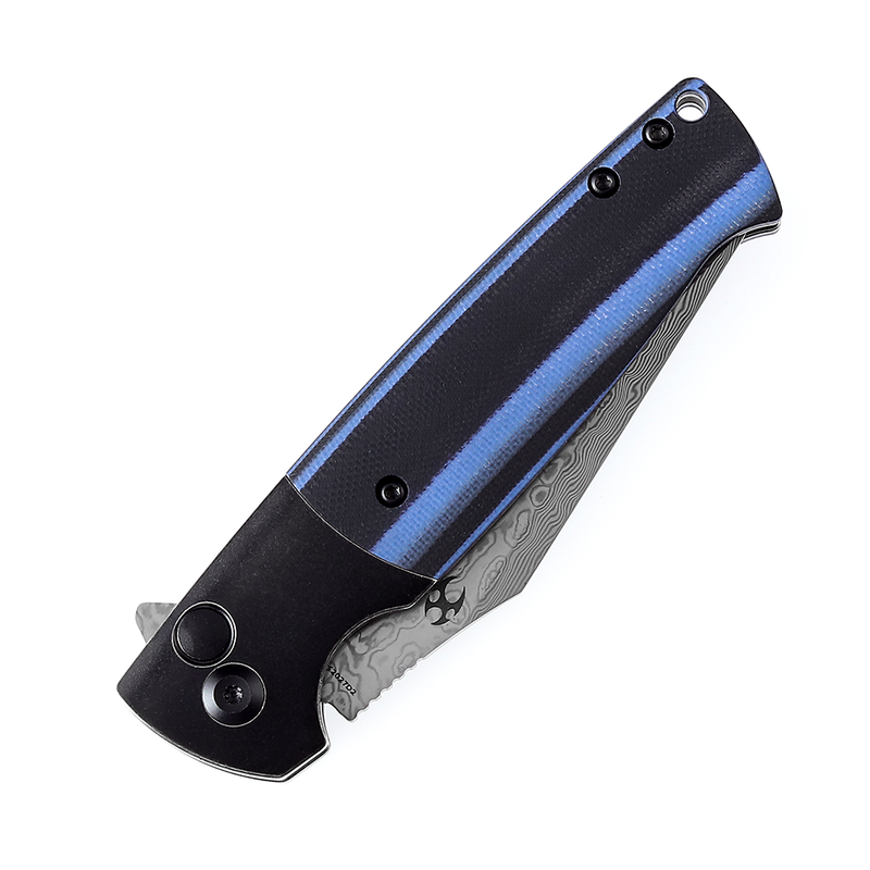 Shikari SBL  Button Lock K2027D2 Damascus Blade Black Stonewashed Titanium +Blue Black G10 Handle with Morgan Koens Dessign