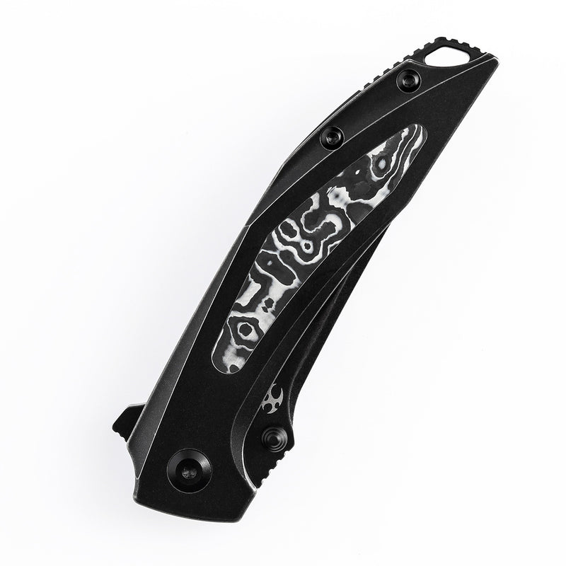 KANSEPT Baku Flipper/Thumb Hole Knife Titanium + Black White Carbon Fiber Inlay Handle (3.2'' CPM-S35VN Blade) Sparrow Knife Co Design -K1056A6