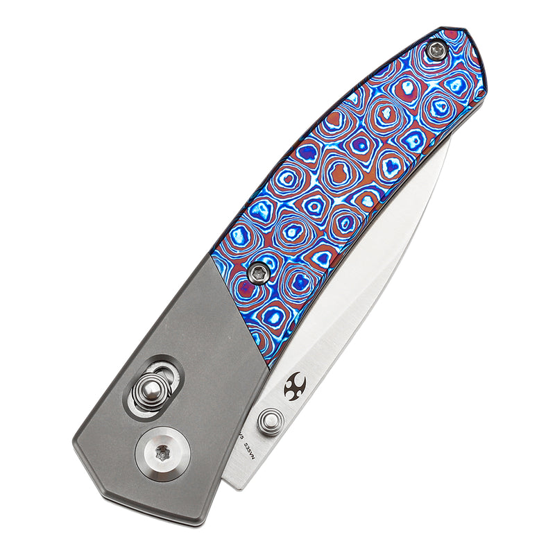 KANSEPT Dako Cross Bar Lock Stonewashed Titanium with Timascus Handle (3.19" CPM S35VN Blade) with Eddy M Design-K1101V5