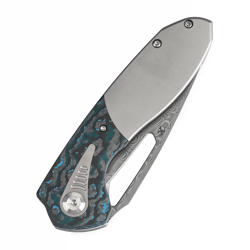 KANSEPT Thoth Thumb Hole Knife Bead Blasted Titanium and Arctic Storm Fat Carbon Handle (3.43''Damascus Blade ) Sparrow Knife Co Design -K1075A2