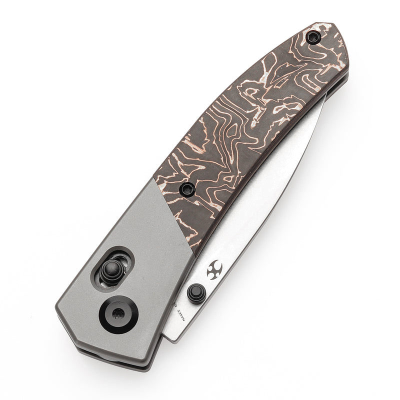 KANSEPT Dako Cross Bar Lock Stonewashed Titanium with Copper Carbon Fiber Handle (3.19" CPM S35VN Blade) with Eddy M Design-K1101V2