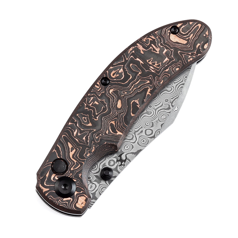 KANSEPT Nesstreet Button Lock Copper Carbon Fiber Handle(3.58" Damascus Blade) with Karambit Maker design-K1039F7