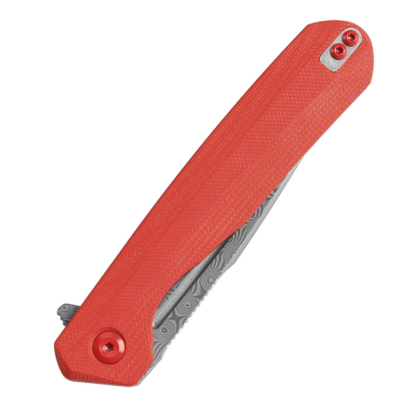 KANSEPT Qilin Flipper Red G10 Handle (3.43''Damascus Blade)Ostap Hel Design -K1047A1