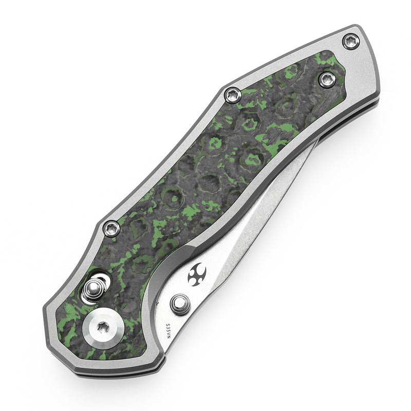 KANSEPT Apollo Cross Bar Lock Stonewashed Titanium and Jungle Wear Fatcarbon Handle (3.11“ CPM S35VN Blade) with War Blades Design-K2107V1