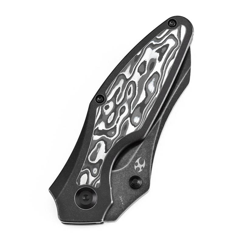 KANSEPT Baba Yaga Thumb Studs Blackwash Ti and Black White Nebula Carbon Fiber Inlay Handle (3.06''CPM 20CV Blade ) Sparrow Knife Design -K1074A3