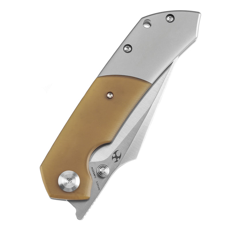 KANSEPT Fenrir Front Flipper/Thumb Stud Knife Plain Titanium + Amber PEI/Ultem Handle (3.48''CPM S35VN Blade) Greg Schob Design -K1034P1