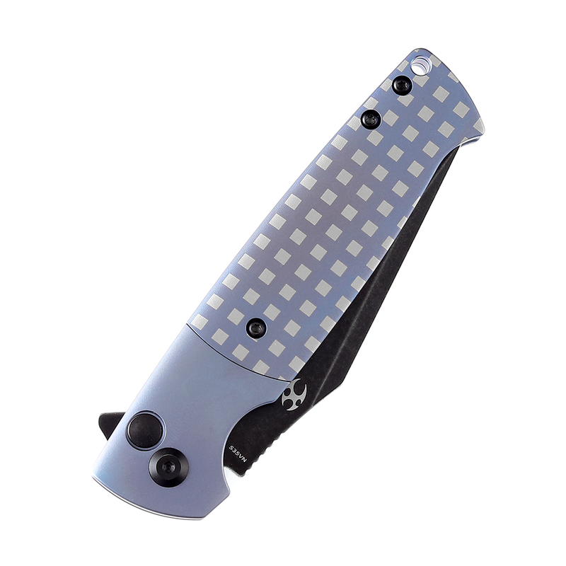 Shikari SBL  Button Lock K2027B2 Black Stonewashed CPM S35VN Blade Blue Anodized Titanium with White Square Pattern Handle with Morgan Koens Dessign