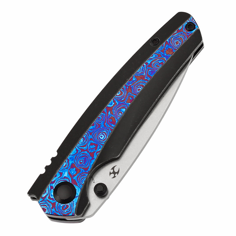 KANSEPT Thumb Stub Raven Blackwash Titanium wtih Timascus Handle (3.13" CPM 20CV Blade) with Black Bird Blades Design-K2109A5