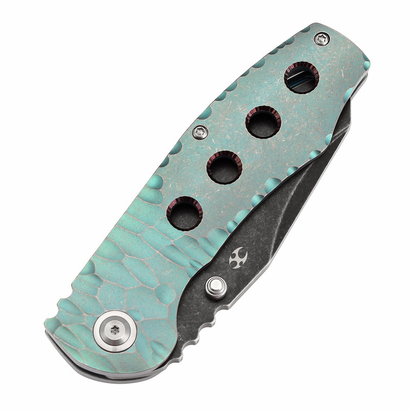 KANSEPT Caveman Thumb Stub Green Anodized and Stonewashed Titanium with CNC-machined Rock Pattern Handle (3.57" CPM 20CV Blade) with Jesse Pauley Design-K1110A3