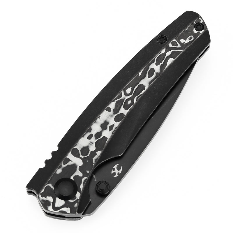 KANSEPT Thumb Stub Raven Blackwash Titanium, Black and White Nebula Carbon Fiber(3.13" CPM 20CV Blade) with Black Bird Blades Design-K2109A1