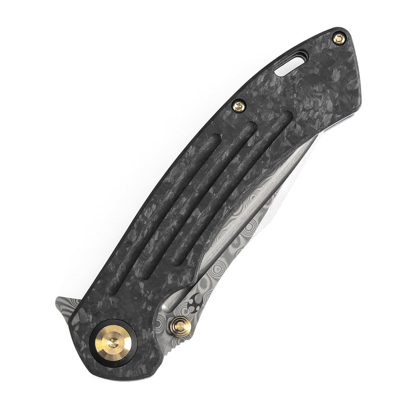 KANSEPT Pretatout Thumb Stub Flipper Shred Carbon Fiber Handle (3.56“ Damascus Blade) with Kmaxrom Design-K1032D2
