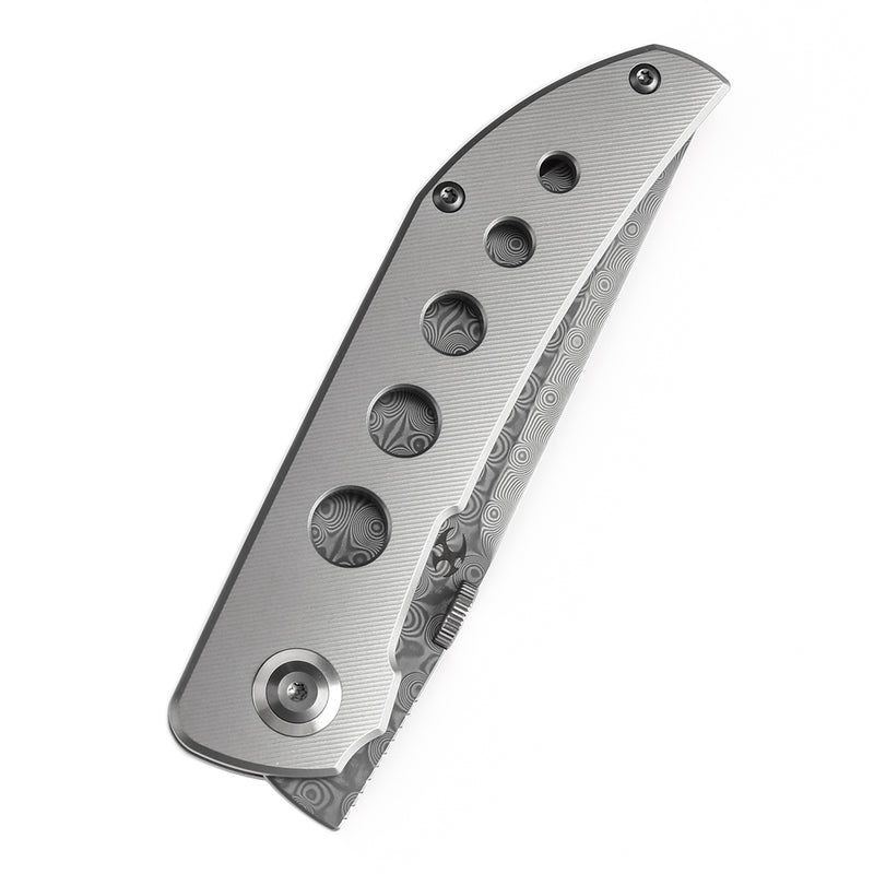 KANSEPT Tarkin Frame Lock Knife Bead Blasted Titanium with Holes Handle (3.36'' Damascus Blade) Matthew Christensen Design - K1078A5
