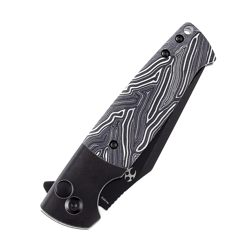 Shikari SBL Button Lock K2027B1 Black Stonewashed CPM S35VN Blade Black Stonewashed Titanium +Black White Gmascus Handle with Morgan Koens Dessign