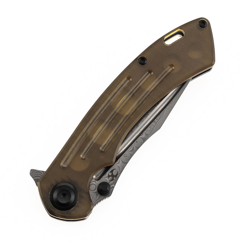 KANSEPT Pretatout Thumb Stub Flipper Amber PEI/Ultem Handle (3.56“ Damascus Blade) with Kmaxrom Design-K1032D4