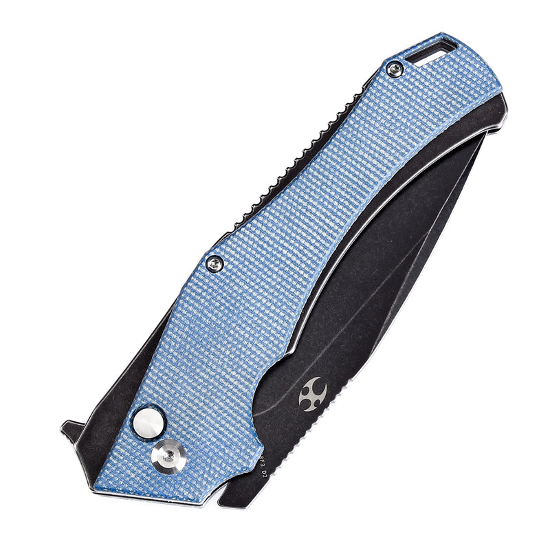 KANSEPT Hellx Button Lock Blue Micarta Handle (3.6''D2 Blade )Mikkel Willumsen Design -T1008F3