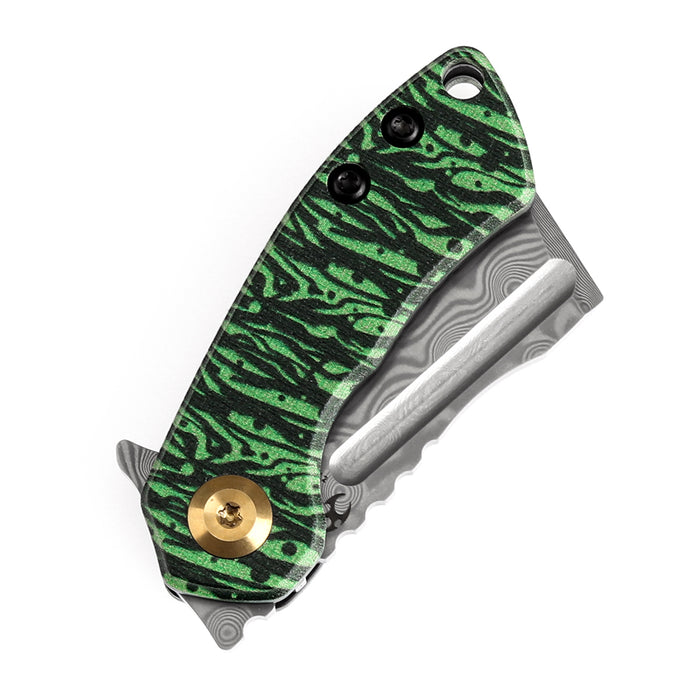KANSEPT Mini Korvid Flipper Knife Jade G10 with Watermelon Peel Print Handle (1.45'' Damascus Blade) Koch Tools Design-K3030A12