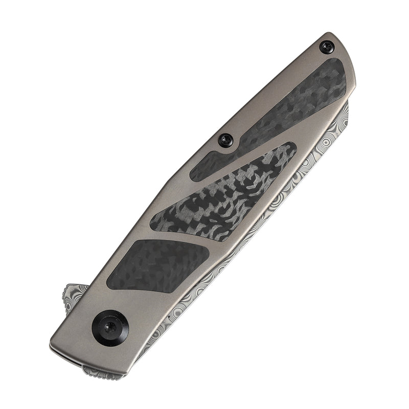 KANSEPT Cru Flipper Knife Bronze Anodized Titanium & Twill Carbon Fiber Handle(3.46''Damascus Blade) Villella Knives Design-K1092A4