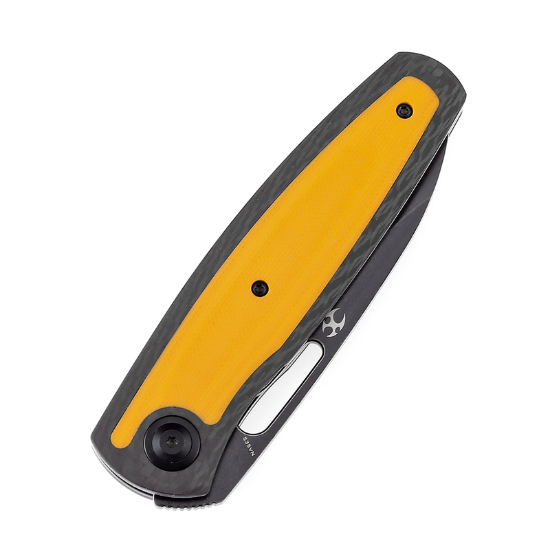 KANSEPT Mato K1050A3 Black Stonewashed CPM-S35VN Blade Twill Carbon Fiber +Yellow G10 Handle with Villella Knives Design