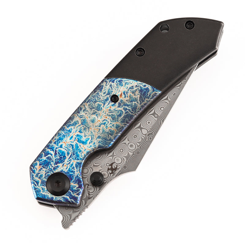 KANSEPT Fenrir Liner Lock Blackwash Titanium with Lightning Strike Finish Titanium Inlay Handle (3.48'' DamascusBlade) Sparrow Knife Designed- K1034D2