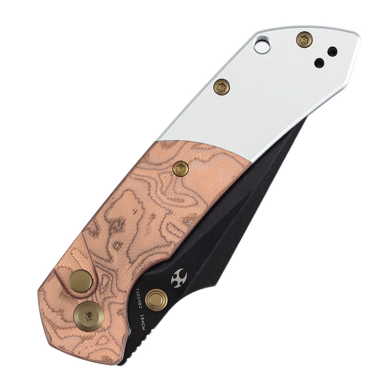 KANSEPT Fenrir Button Lock G-10 with Copper Foil Handle (3.45'' Blackwash 154CM Blade) Sparrow Knife Designed- T1034B2