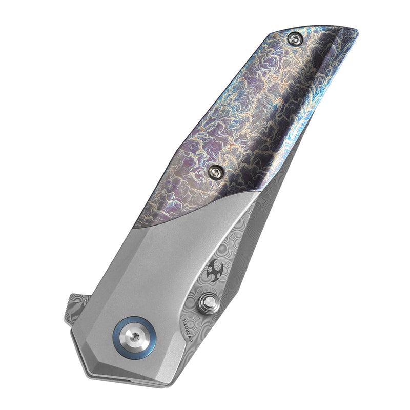 KANSEPT Deadite Thumb Stub Beadblasted Titanium & Titanium with Lightning Strike Finish Handle (3.52''Damascus Blade ) Tuffknives Designed - K1081A2