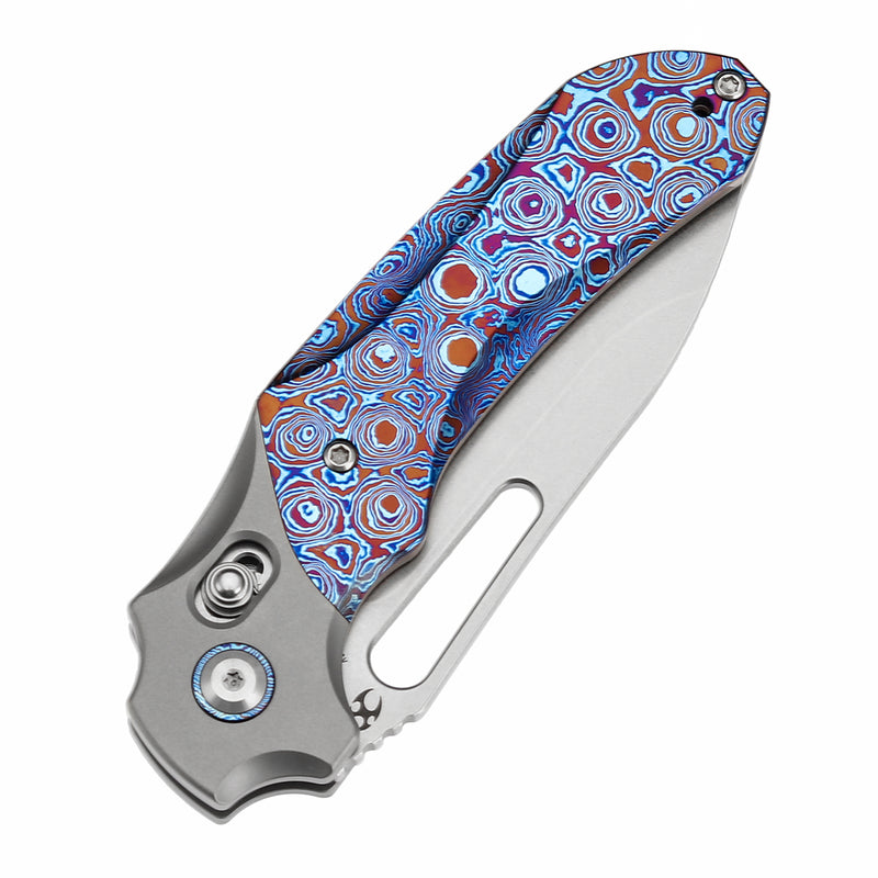 KANSEPT Quasar Cross Bar Lock Stonewashed Titanium and Timascus Handle (3.38" CPM 20CV Blade) with Munko Knives Design-K1099V4