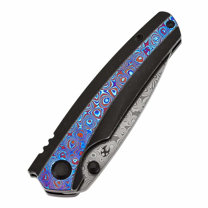 KANSEPT Thumb Stub Raven Blackwash Titanium wtih Timascus Handle (3.13" Damascus Blade) with Black Bird Blades Design-K2109A4