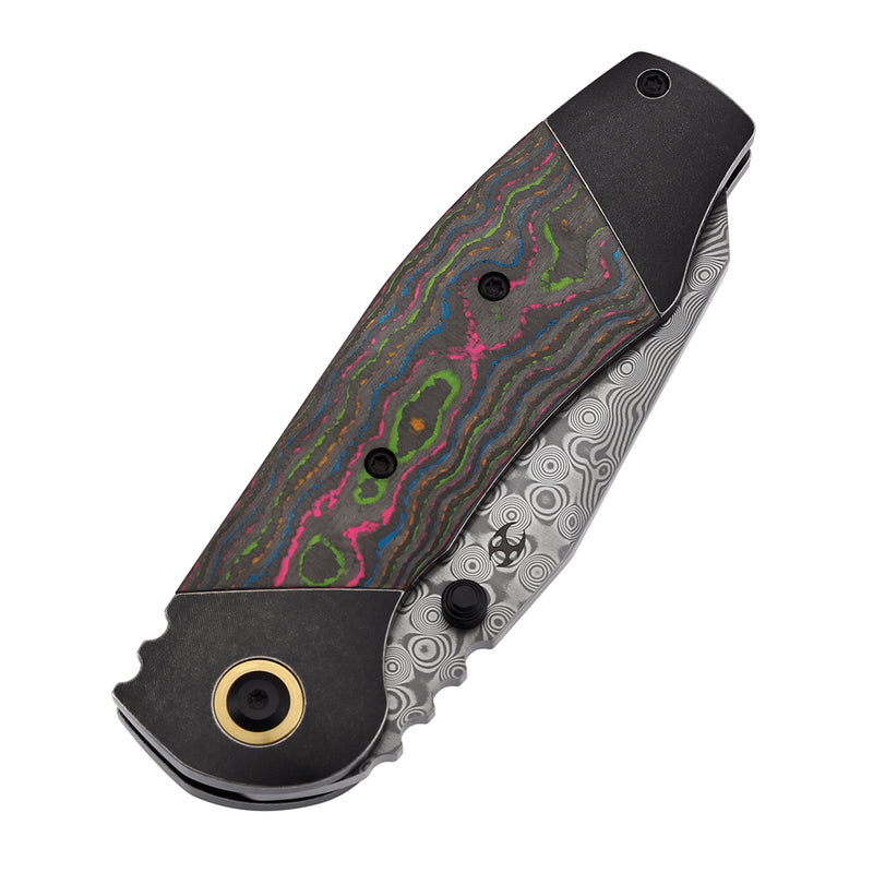 KANSEPT Caveman Thumb Stub Blackwash Titanium wtih 80's CamoCarbon Handle (3.57"Damascus Blade) with Jesse Pauley Design-K1110B3