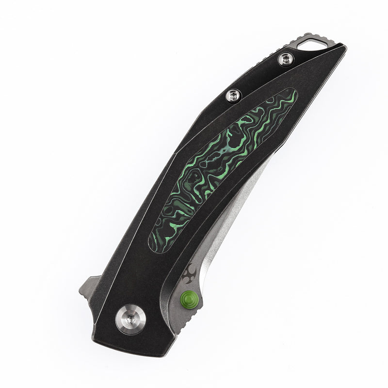 KANSEPT Baku Flipper/Thumb Hole Knife Titanium + Green Carbon Fiber Inlay Handle (3.2'' CPM-S35VN Blade) Sparrow Knife Co Design -K1056A7