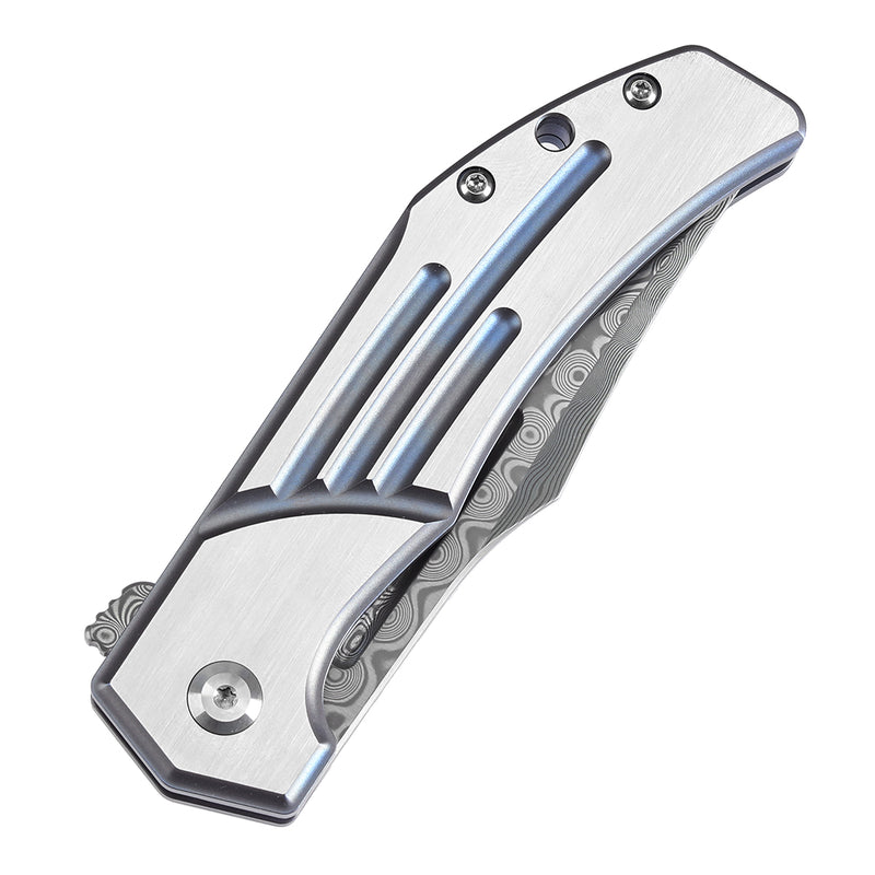 KANSEPT Orion Limited-version Flipper Blue Anodized and Machine Satin Titanium Handle (3.07''Damascus Blade) JB Stout Design -K1089B2
