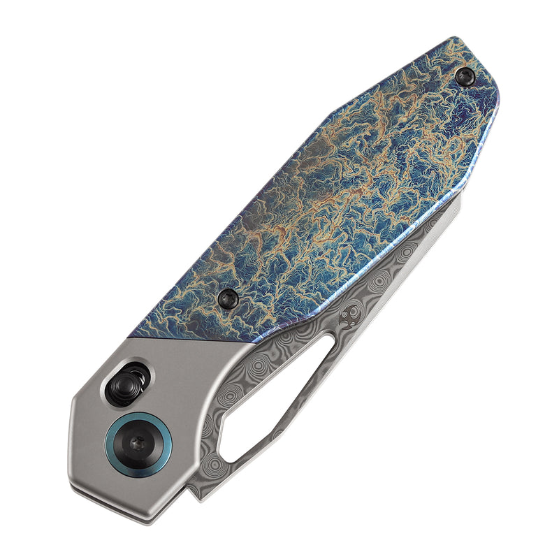 Kansept QTRO | Crossbar Lock | Stonewashed Titanium &  Lightning Strike Finish Ti Inlay | 3.59" Damascus Blade | Luft Concepts Designed |K1118VA2