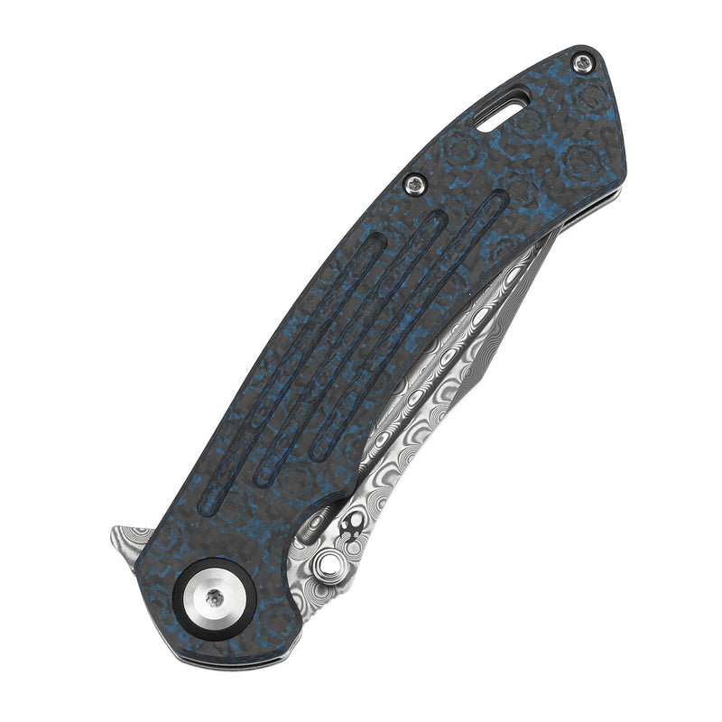 KANSEPT Pretatout Thumb Stub Flipper Blue Rose Pattern Carbon Fiber Handle (3.56“ Damascus Blade) with Kmaxrom Design-K1032A4