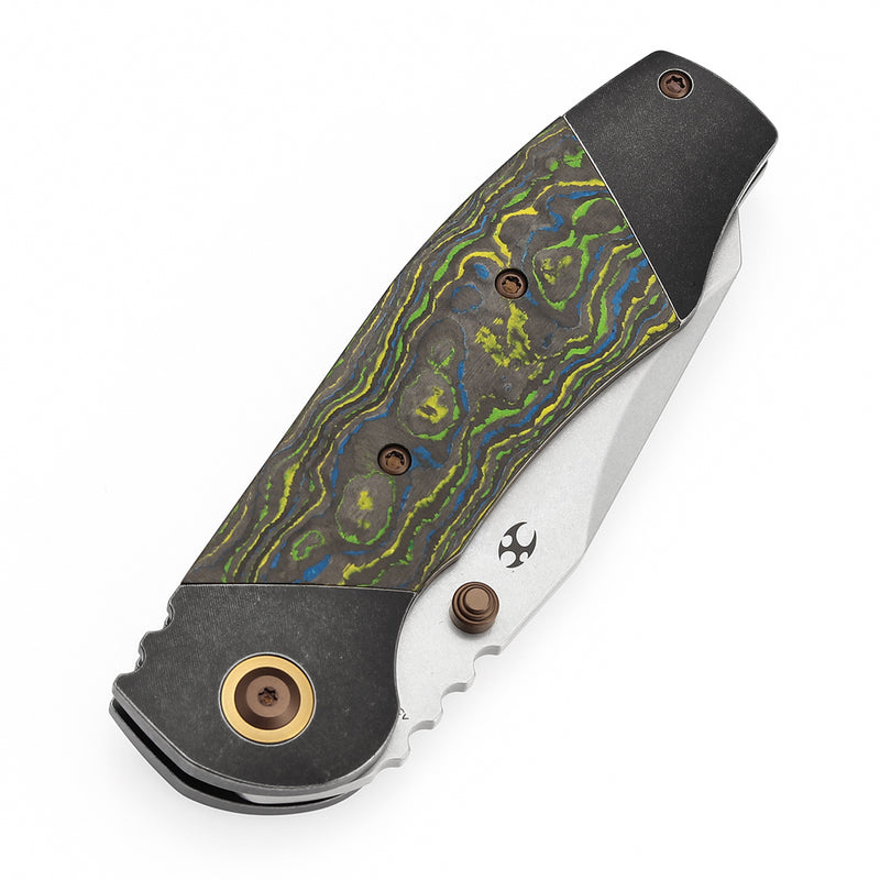 KANSEPT Caveman Thumb Stub Blackwash Titanium with Gecko CamoCarbon Handle (3.57" CPM 20CV Blade) with Jesse Pauley Design-K1110B1