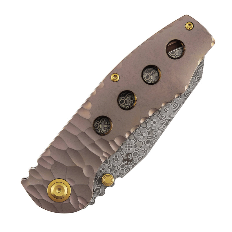 Kansept Caveman | Frame Lock | Rose Gold Anodized and Stonewashed Titanium with CNC-machined Rock Pattern | 3.57" Damascus Blade |  Jesse Pauley Designed | K1110A6