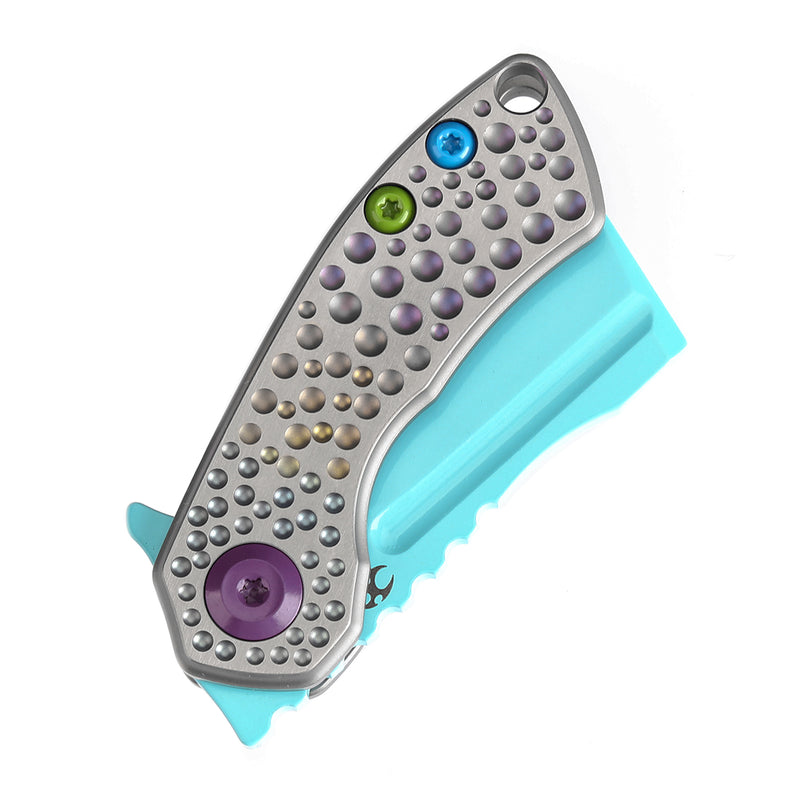 KANSEPT Mini Korvid Flipper knife Gradient Titanium Handle With Dimples Handle (1.45'' Light Blue Coating CPM S35VN Blade ) Koch Tools Design-K3030A10
