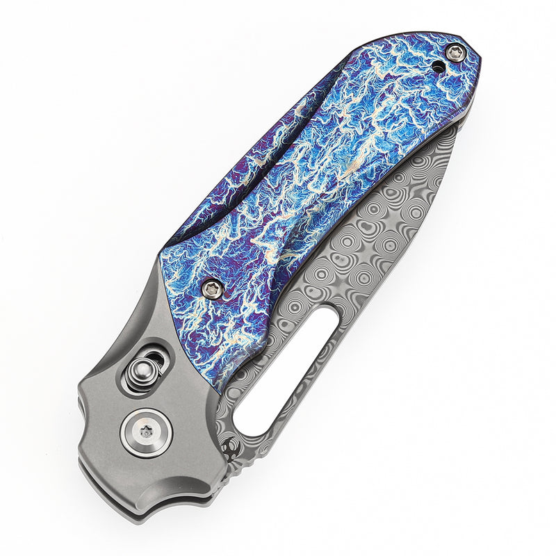 KANSEPT Quasar Cross Bar Lock Stonewashed Titanium and Titanium Inlay with Lightning Strike Finish Handle (3.38" Damascus Blade) with Munko Knives Design-K1099V3