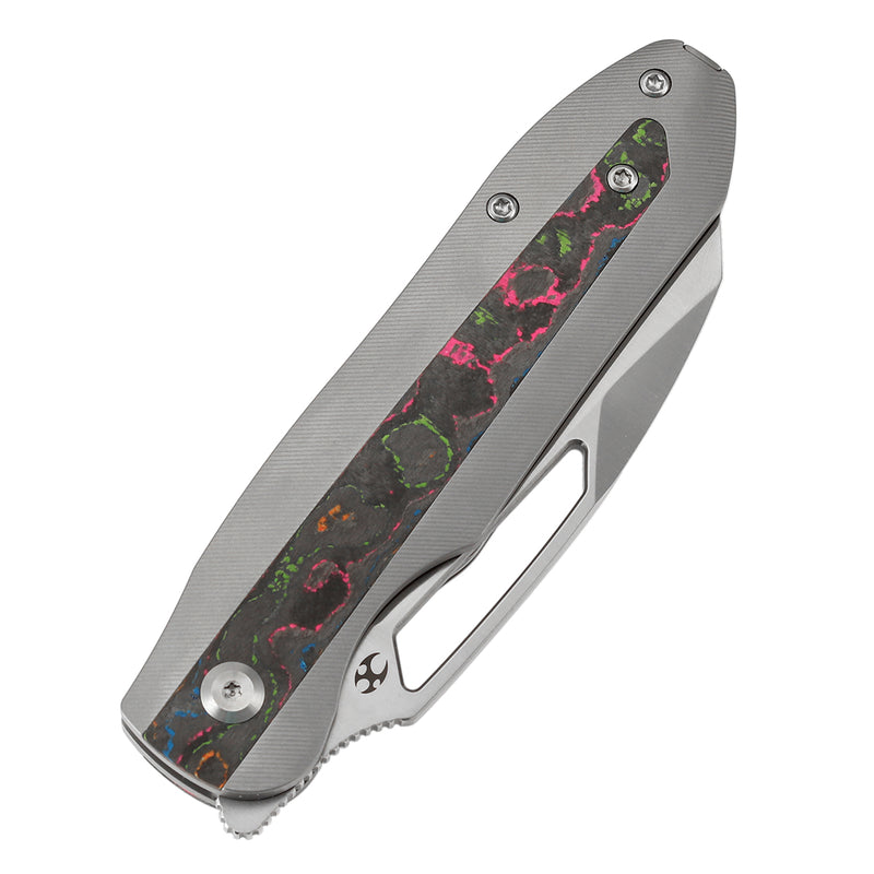 KANSEPT Thunderhead Thumb Hole Stonewashed Titanium with 80S Camo Carbon Fiber Inlay Handle (3.58" CPM S35VN Blade) with K.C. Spiron Design-K1106A4