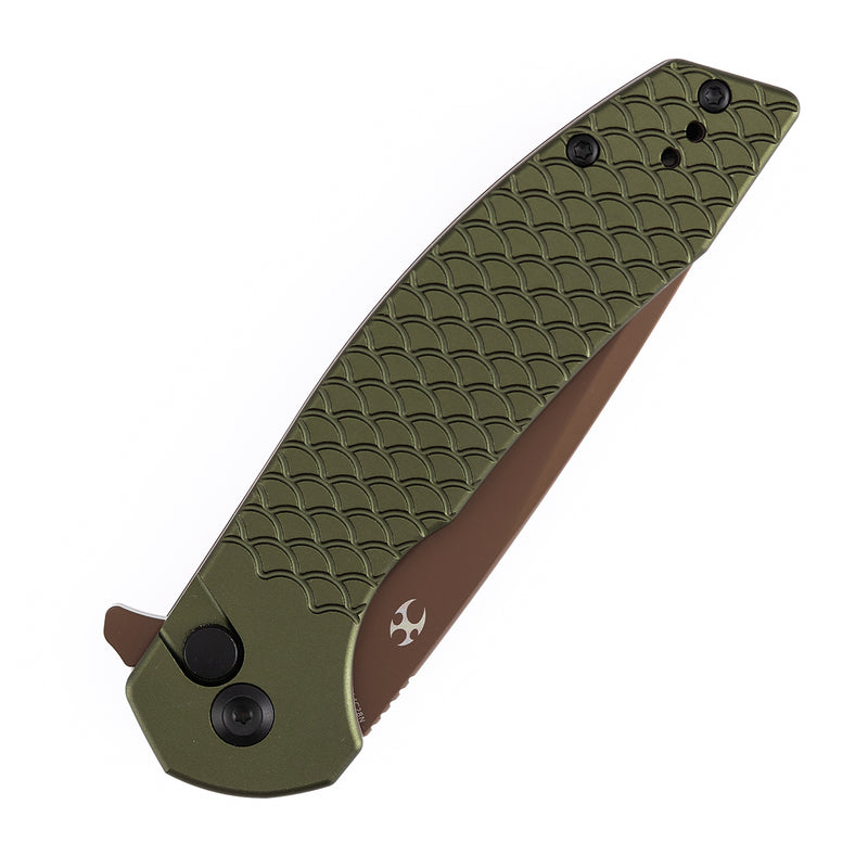 Kansept Accipiter | Button Lock | Green Anodized Aluminum with Fish Scale Texture | 3.53" Rose Gold 14C28N Blade | T1007F5