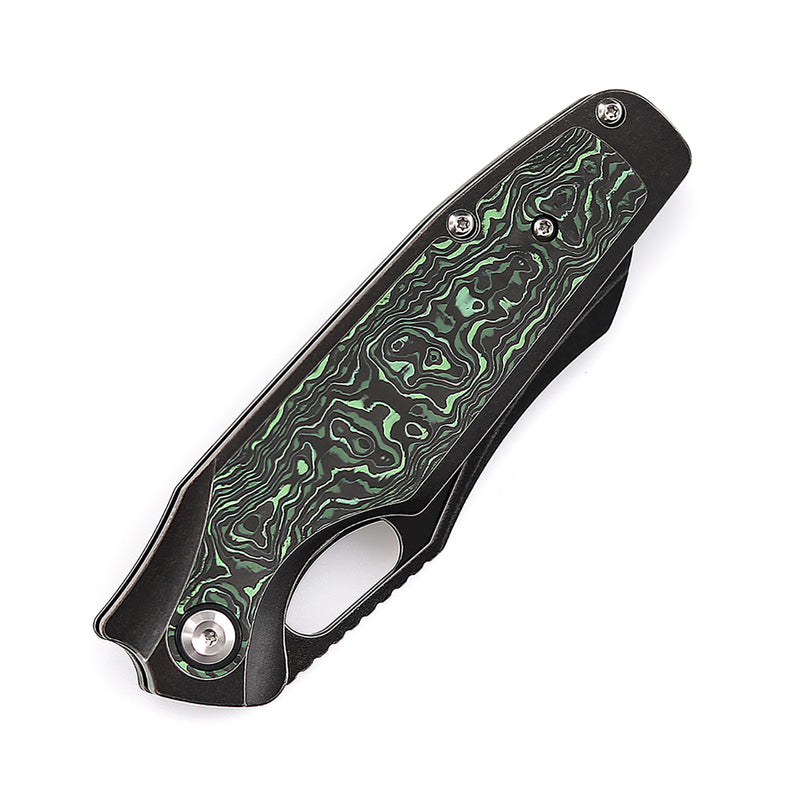 KANSEPT Tuckamore Thumb Hole Knife Stonewashed Titanium +Green Carbon Fiber Handle (3.54" CPM 20CV Blade) -K1052A3