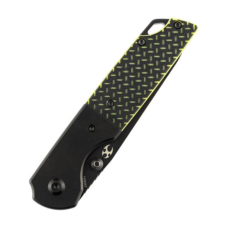 KANSEPT Warrior T1005S2 Black TiCn Coated and Stonewashed Drop Point D2 Blade Black Anodized Aluminum Bolster + Black and Green G10 Handle with Kim Ning Design