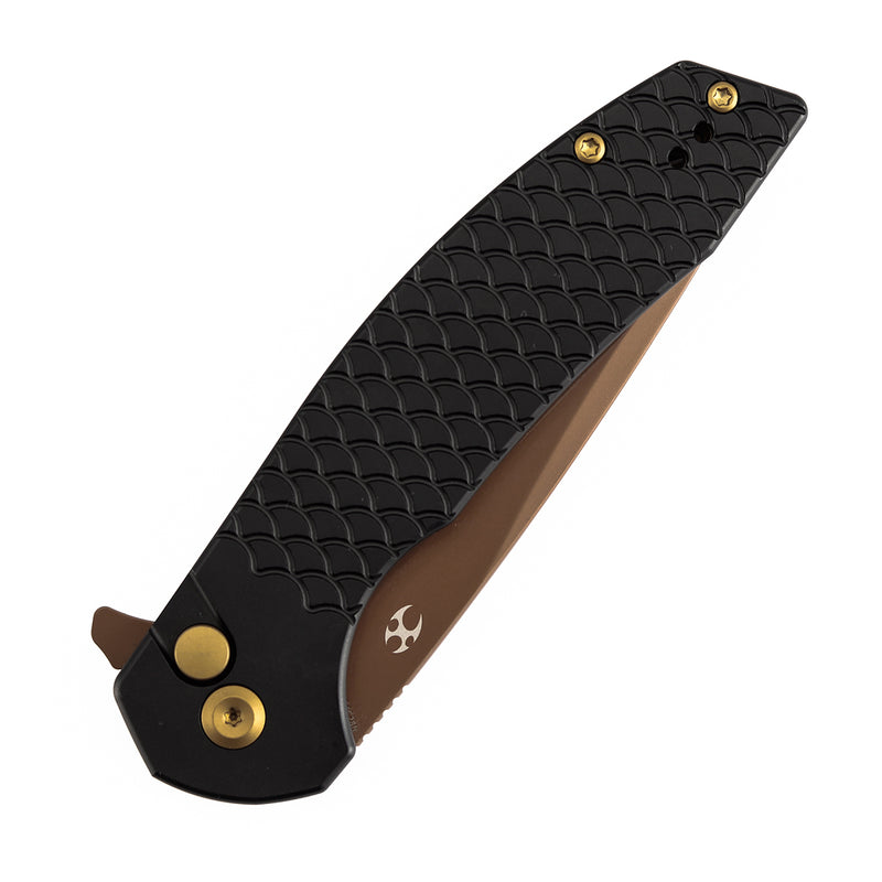 Kansept Accipiter | Button Lock | Black Anodized Aluminum with Fish Scale Texture | 3.53" Rose Gold 14C28N Blade | T1007F6